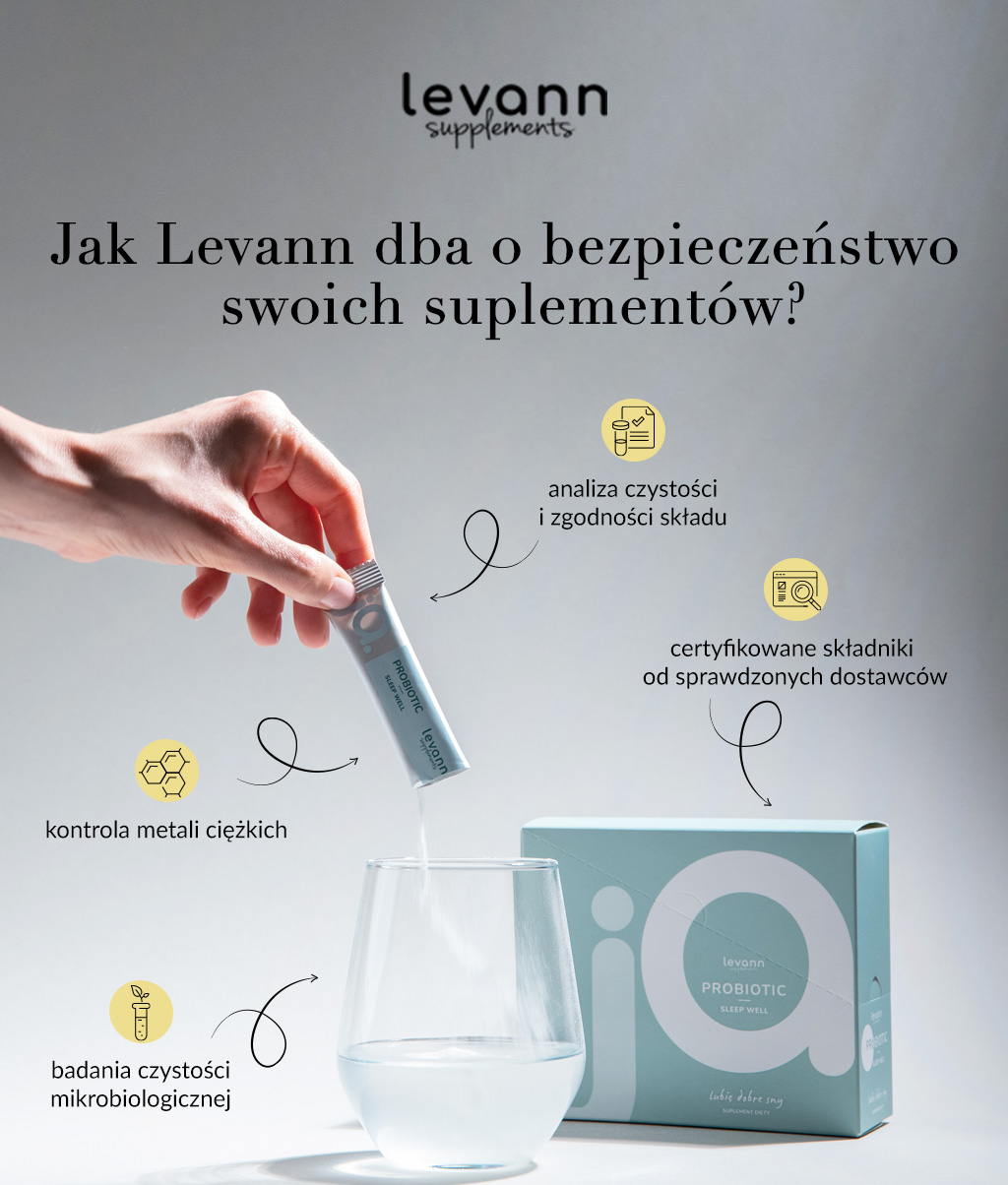 Infografika obrazująca, jak Levann dba o bezpieczeństwo swoich suplementów.