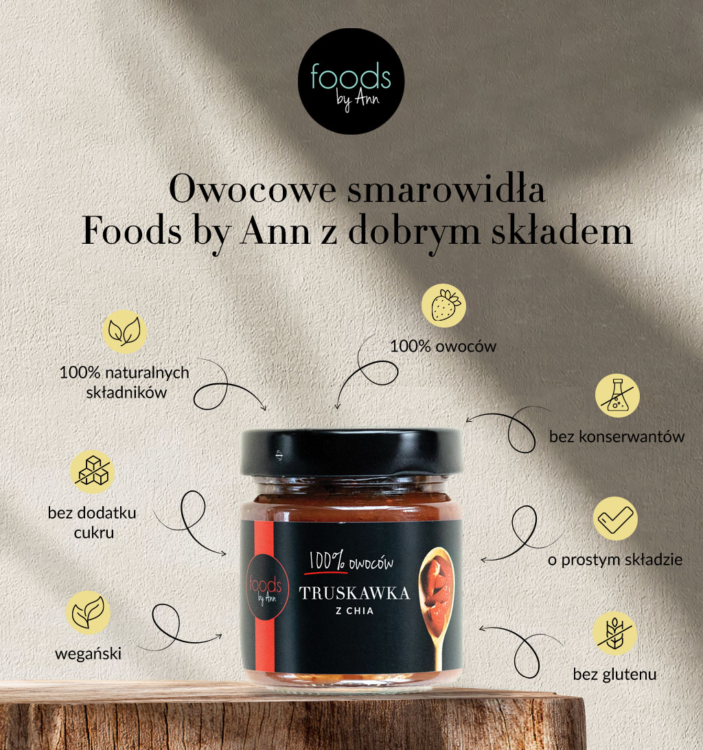 infografika obrazująca dobry skład owocowego smarowidła Foods by Ann - produktu 100% owoców Truskawka z Chia