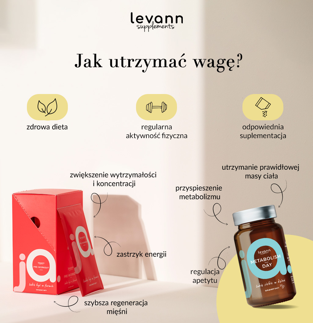 infografika obrazująca, jak utrzymać wagę oraz korzyści suplementacji