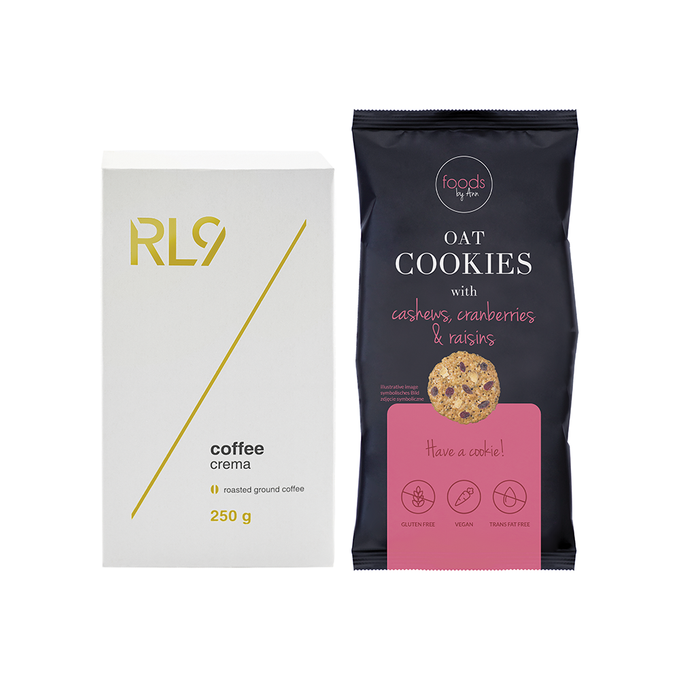 Set RL9 Coffee Crema roasted ground coffee & Oat cookies with cashews, cranberries & raisins