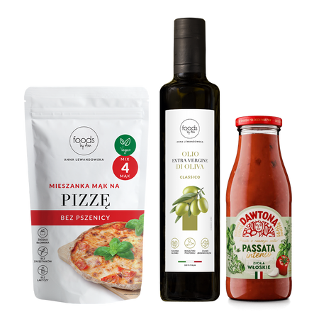 Wheat-free pizza flour mix + Classico olive oil + Dawtona passata