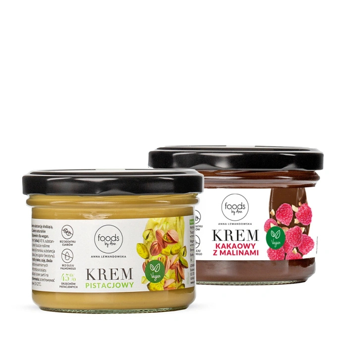 Crema de pistacho vegana, 200 g + Crema de cacao con frambuesas, 200 g