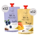 12 x Compota de arándanos y trigo sarraceno y linaza + 12 x Compota de mango, copos de mijo y lascas de coco