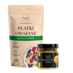 Set of gluten free oat flakes + Bezglutenowe płatki owsiane + 100% Peach with linseed jam