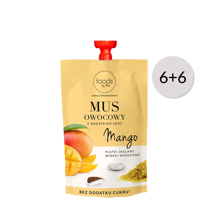 Mus Mango & Płatki jaglane & Wiórki kokosowe, 100 g 6 + 6 gratis 