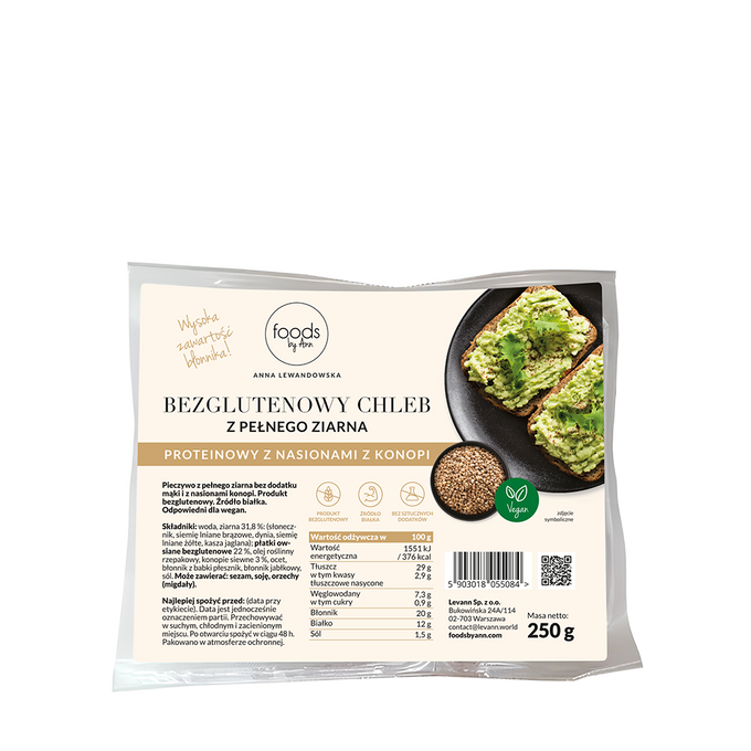 Bezglutenowy chleb z pełnego ziarna z nasionami konopi, 250 g
