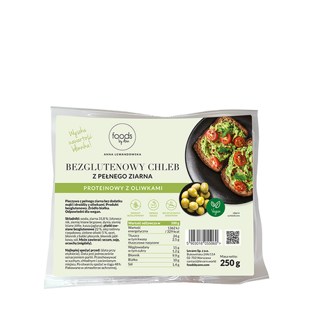 Bezglutenowy chleb z pełnego ziarna z oliwkami, 250 g