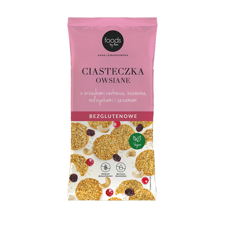 Bezglutenowe ciasteczka owsiane z nerkowcami, żurawiną i rodzynkami, 100 g
