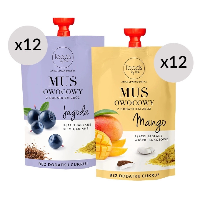 12 x Compota de arándanos y trigo sarraceno y linaza + 12 x Compota de mango, copos de mijo y lascas de coco